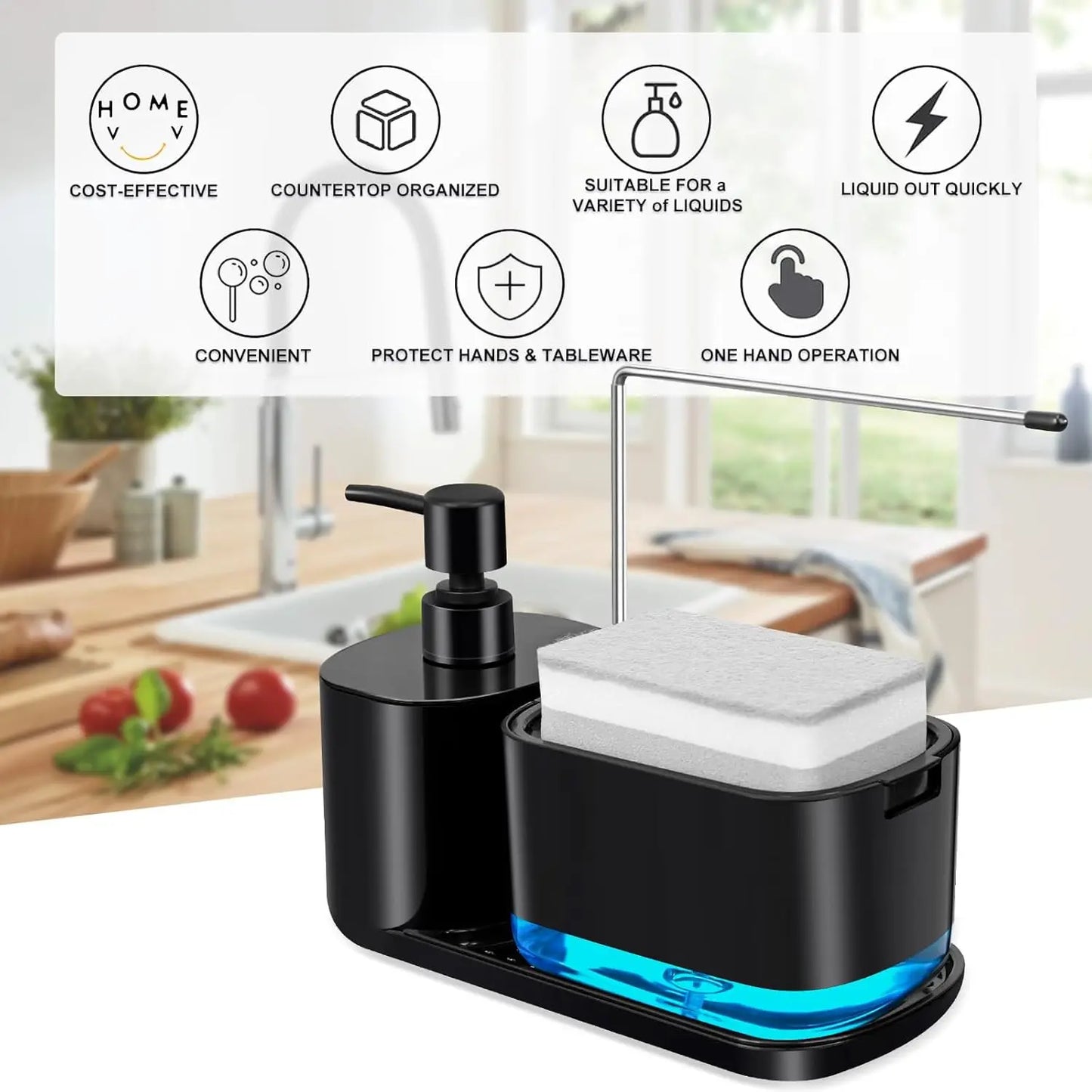 4-in-1 Kitchen Soap Dispenser with Sponge & Rag Rack