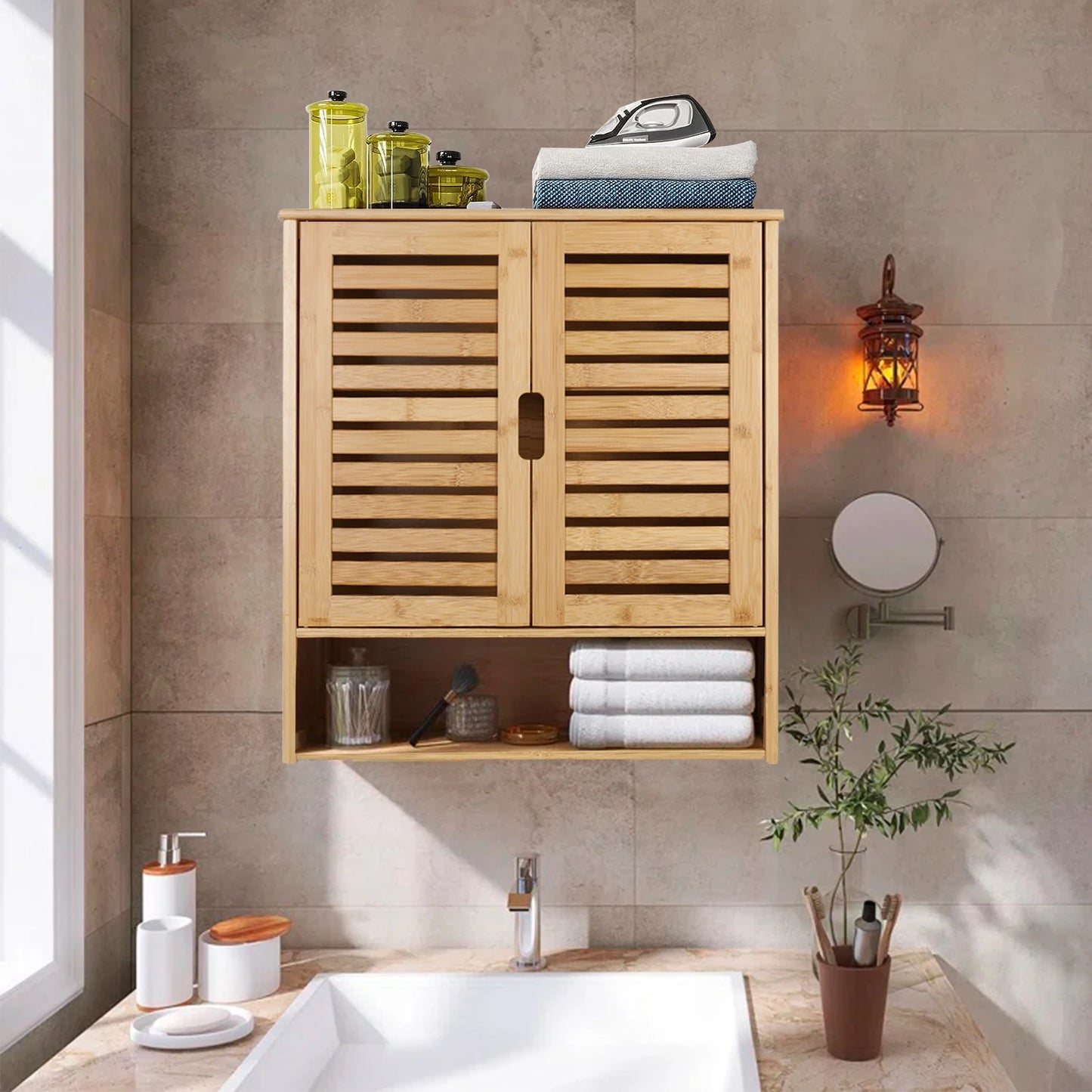 Wall Mounted Bathroom Cabinet Storage Shelf Bamboo Medicine Cabinet