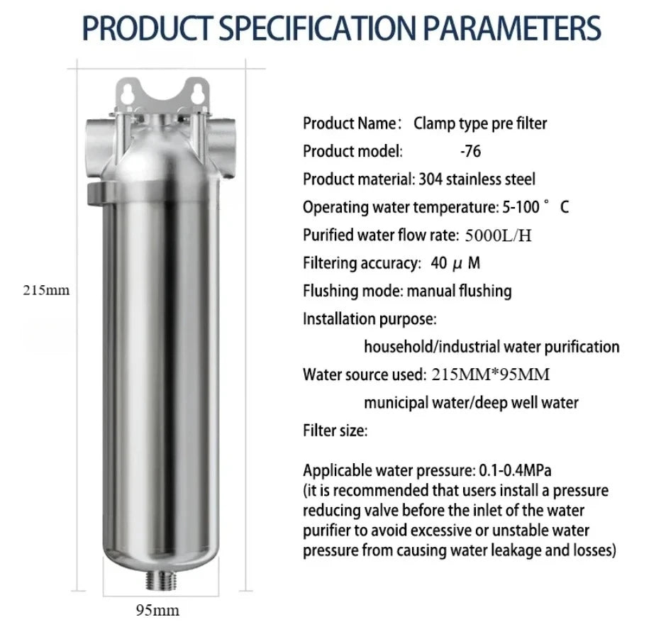 Pre-filter household well water whole house household water purifier 304 stainless steel high flow backwashing water filter