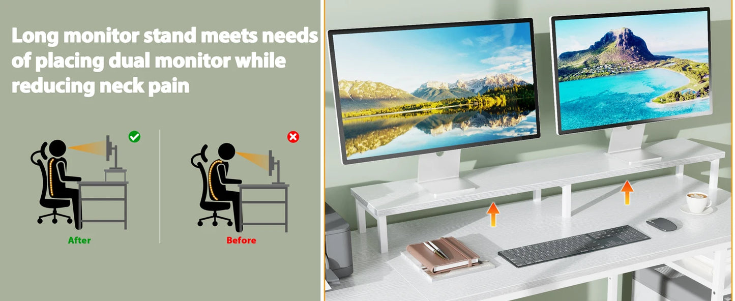 Satifur 93 inch 2-person Office Desk with Power Sockets and LED Lights,61in Computer Desk,Home Work Desk,Monitor Stands, Drawers