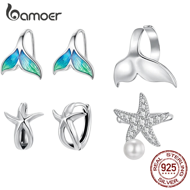Bamoer 925 Silver Mermaid & Starfish Ocean Hoop Earrings