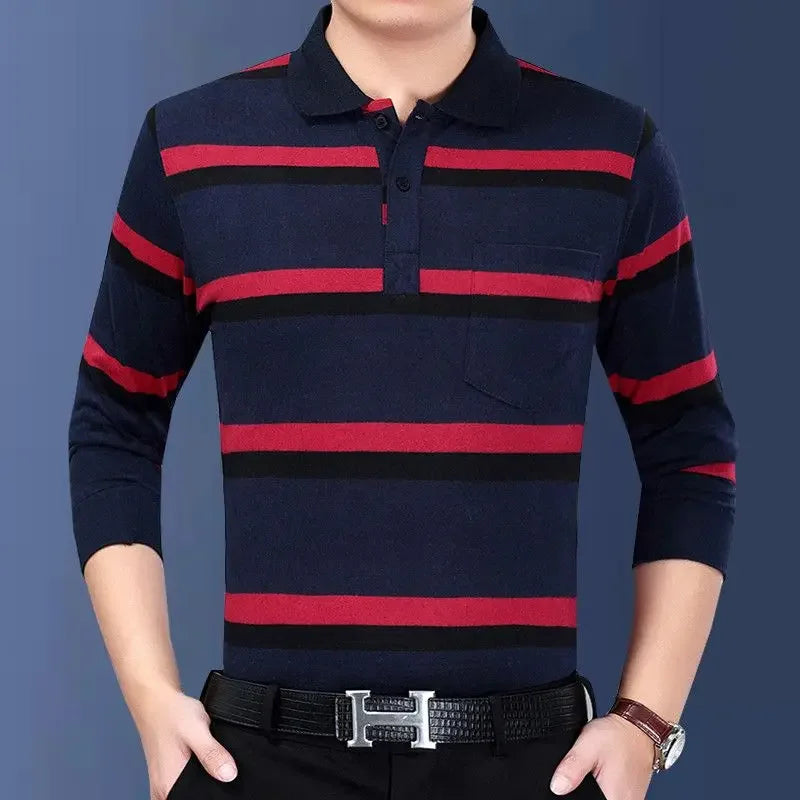 Men’s Striped Polo Shirt – Long Sleeve Cotton Casual