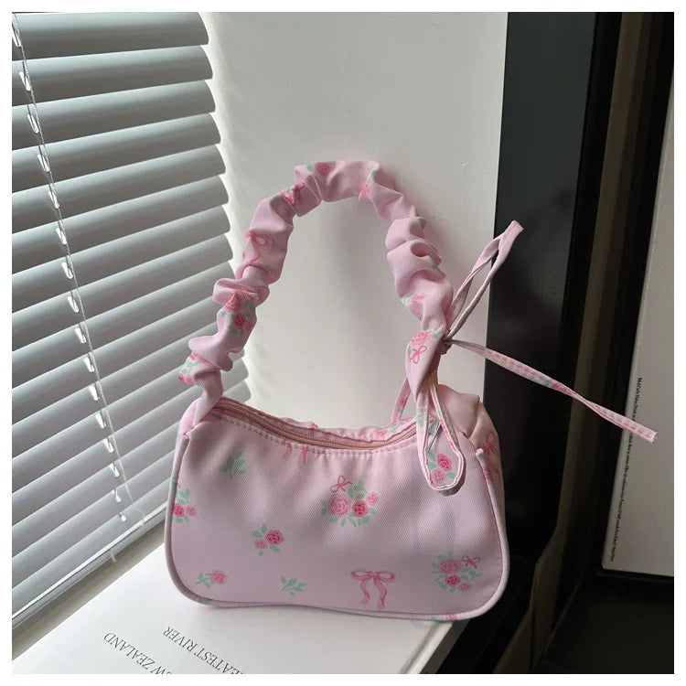 Women's Underarm Bag Summer Canvas Pleated Handlebags Armpit Purse FloralBow Printed Zipper Tote Handbag Female Y2k Shoulder Bag
