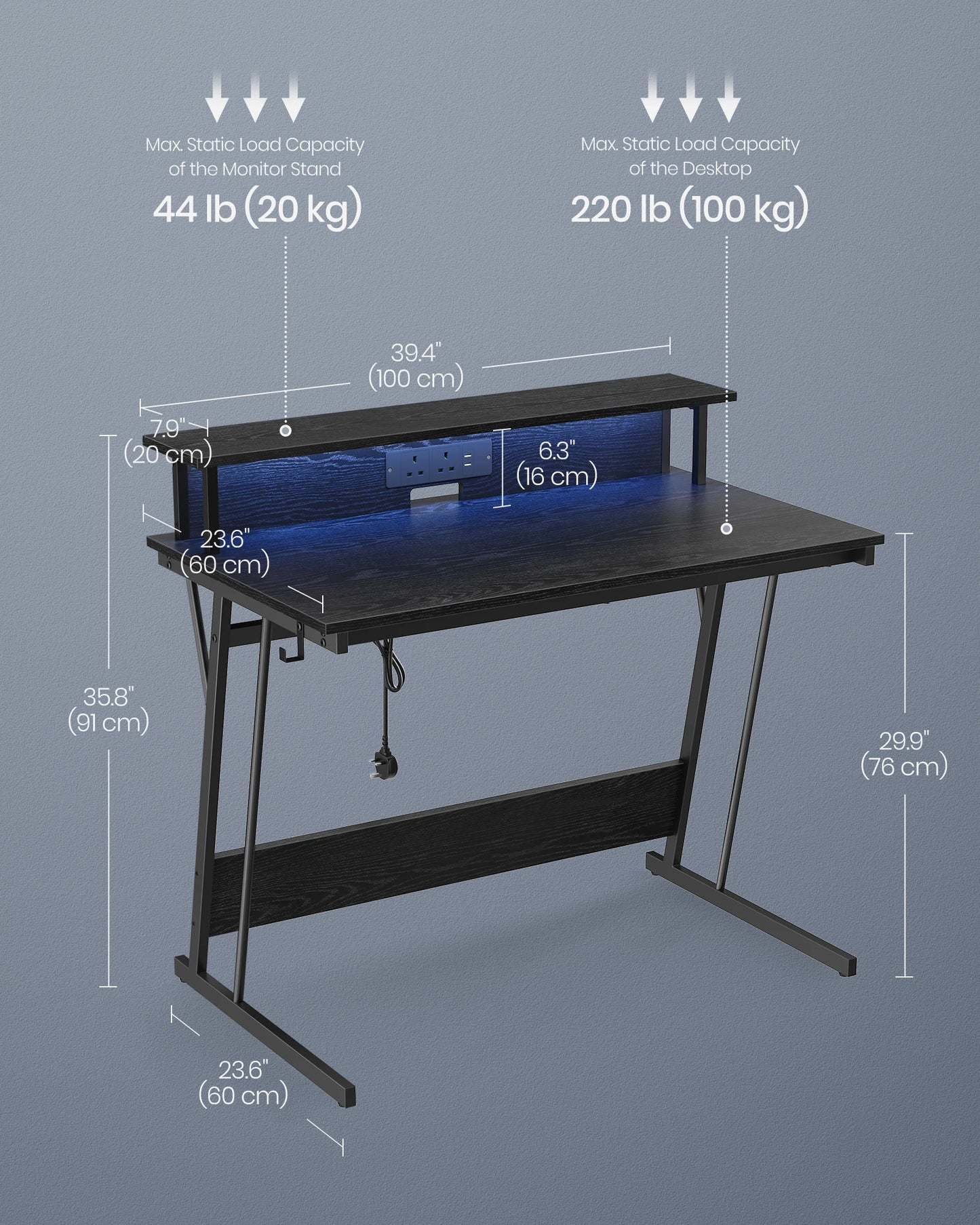 VASAGLE Gaming Desk with LED Lights and Built-In Power Outlets, Computer Desk with Monitor Shelf, Gaming Table, 100x61x91cm
