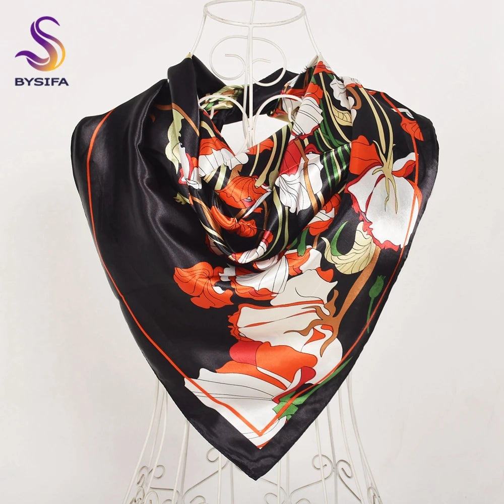 BYSIFA Beige Coffee Peony Silk Scarf Women 90x90cm