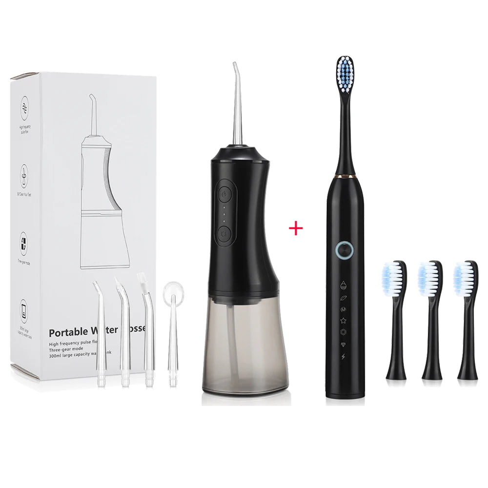 Portable Oral Irrigator Water Flosser + Electric Toothbrush Rechargeable Dental Water Jet Teeth Cleaning Whitening Oral Care Set