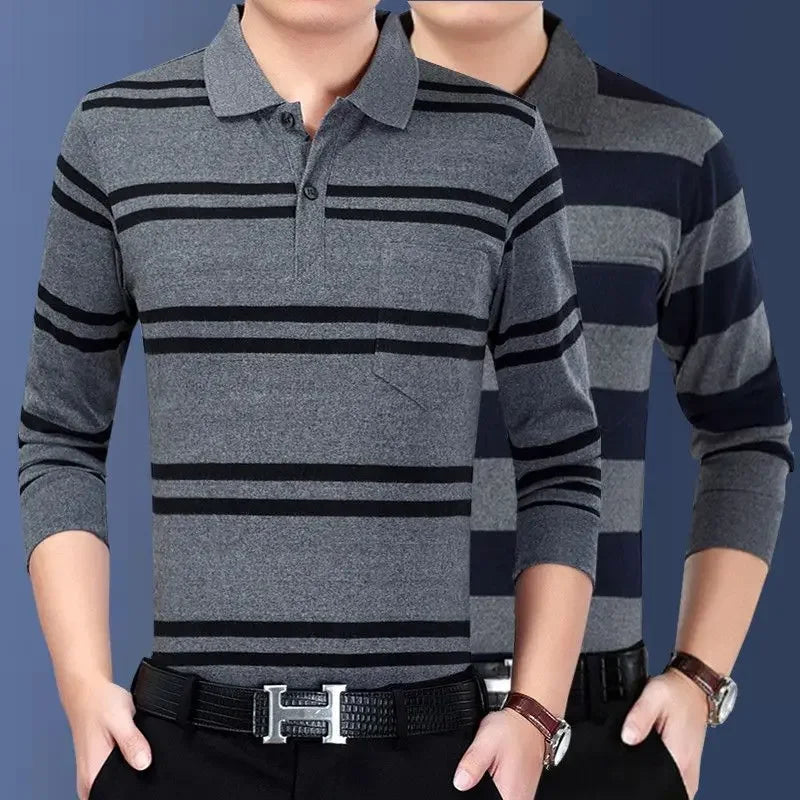 Men’s Striped Polo Shirt – Long Sleeve Cotton Casual