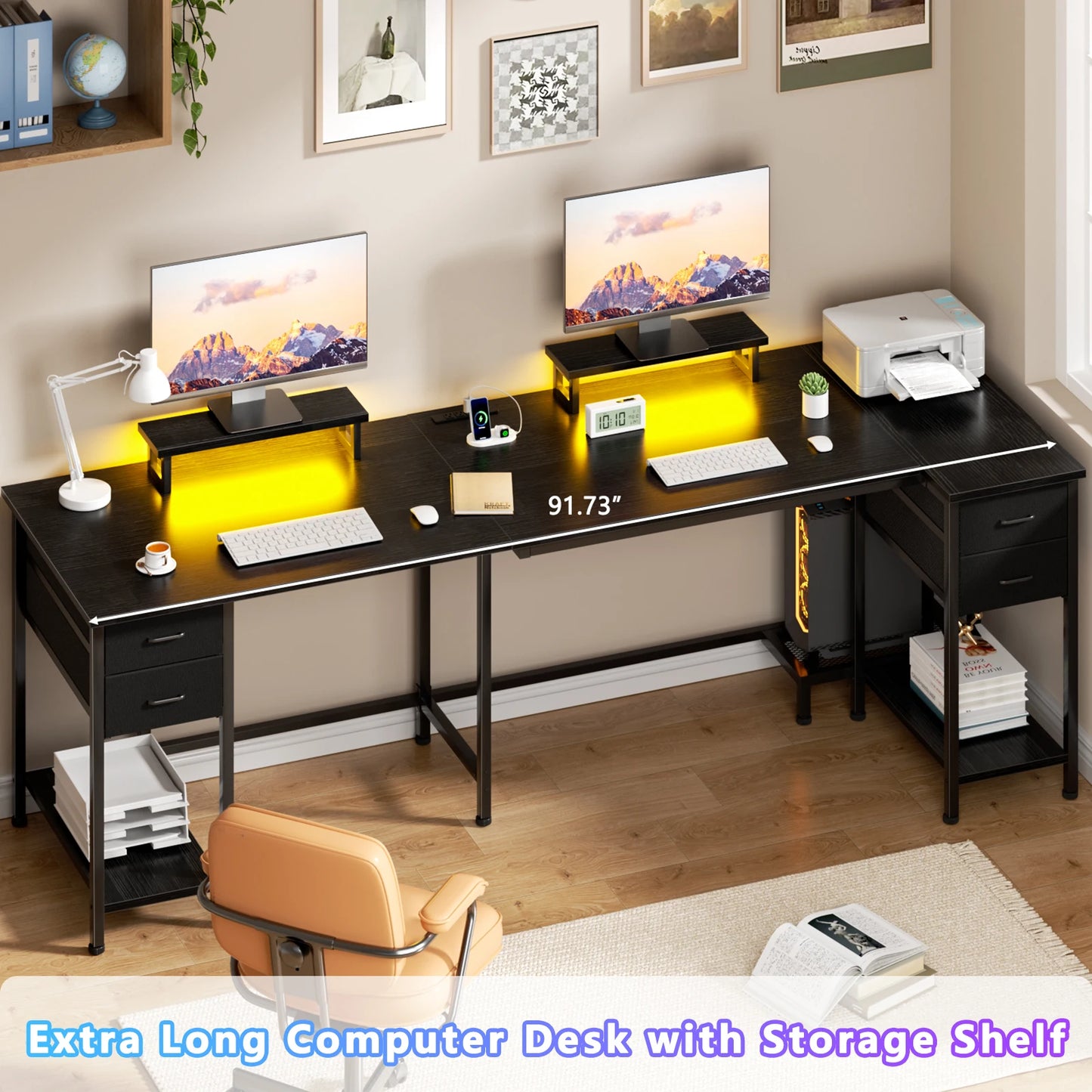 Satifur 93 inch 2-person Office Desk with Power Sockets and LED Lights,61in Computer Desk,Home Work Desk,Monitor Stands, Drawers