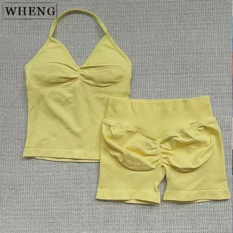 Summer fitness shape  beautiful shoulder straps  chest pillow  bra and yoga shorts  a must for fitness.