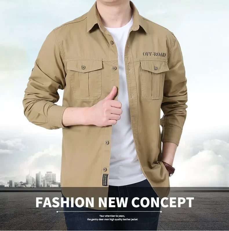 Men’s Outdoor Cotton Work Shirt – Multi-Pocket Safari Style