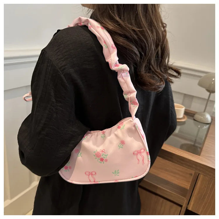 Women's Underarm Bag Summer Canvas Pleated Handlebags Armpit Purse FloralBow Printed Zipper Tote Handbag Female Y2k Shoulder Bag