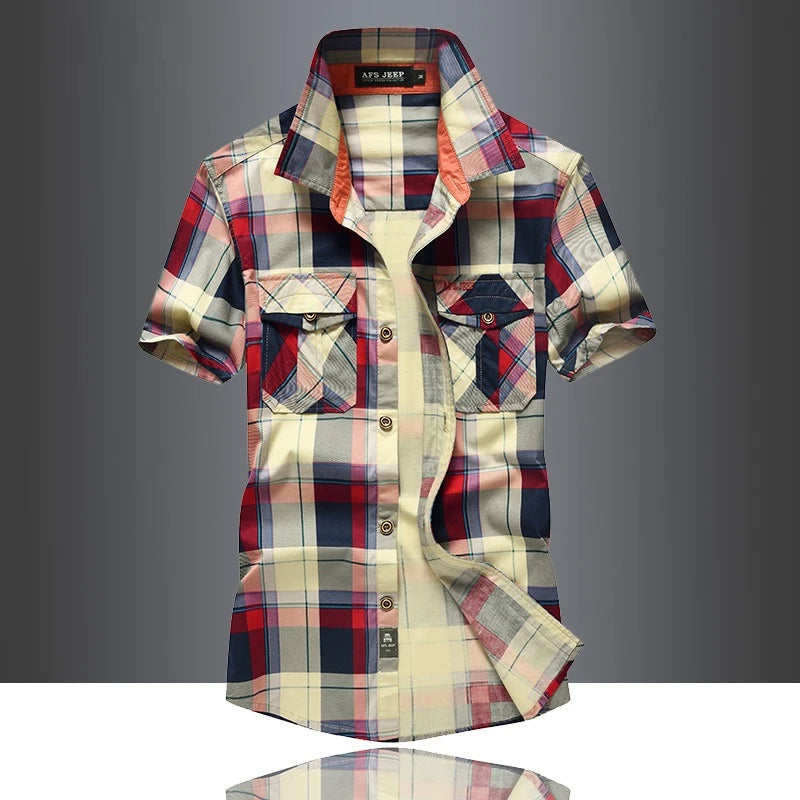 Men’s Red Plaid Cotton Shirt – Summer Short Sleeve Casual