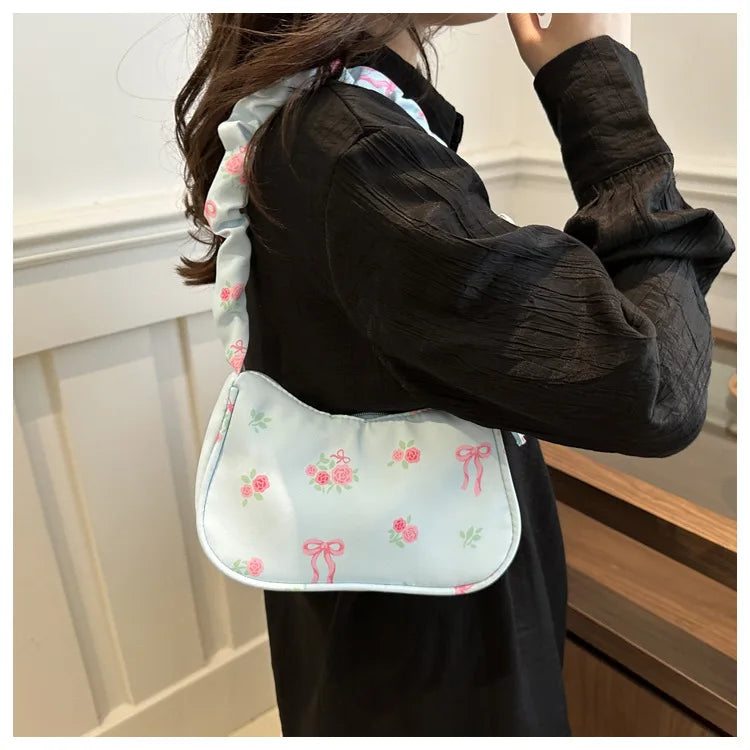 Women's Underarm Bag Summer Canvas Pleated Handlebags Armpit Purse FloralBow Printed Zipper Tote Handbag Female Y2k Shoulder Bag