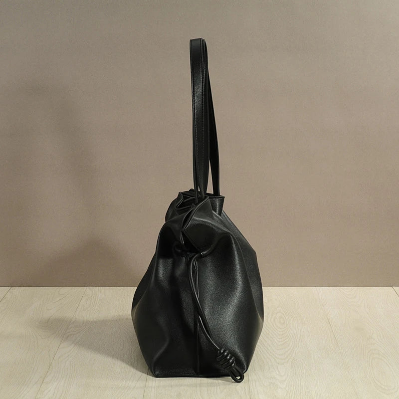 Women’s Cowhide Leather Lucky Bag – Pleated Drawstring Tote