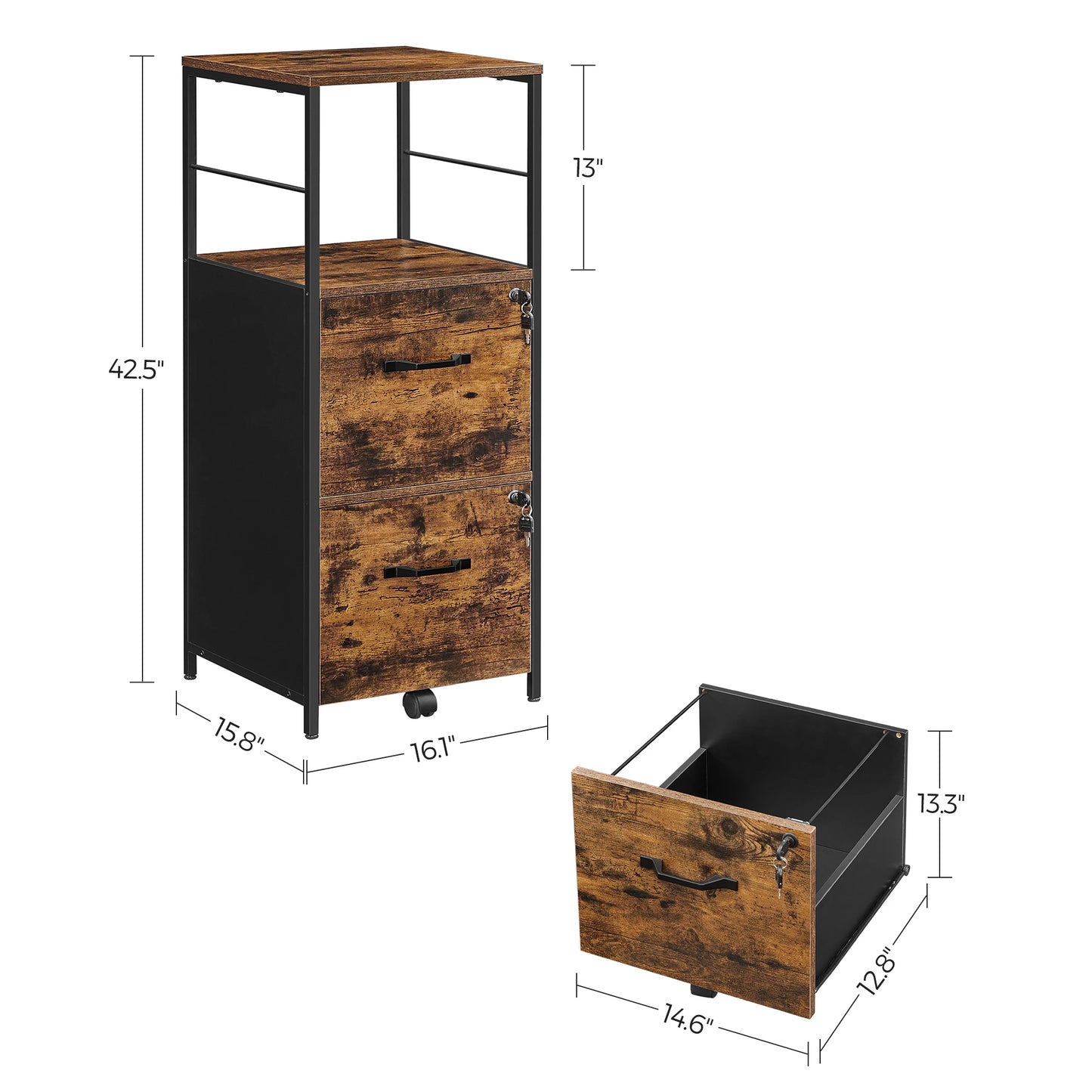 VASAGLE Filing Cabinet for Home Office, File Cabinet with 2 Drawers, Open Shelf, Steel Frame, for A4 and Letter Sized Files