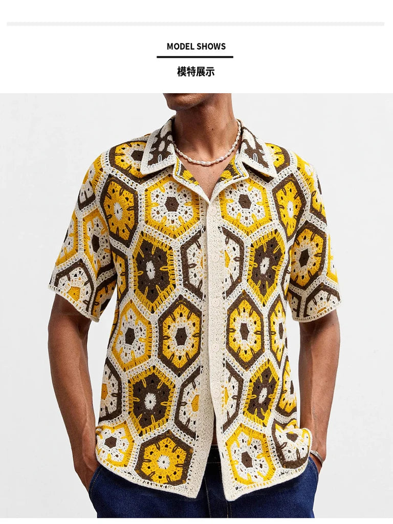 Men’s Ethnic Style Hand-Crocheted Polo Shirt