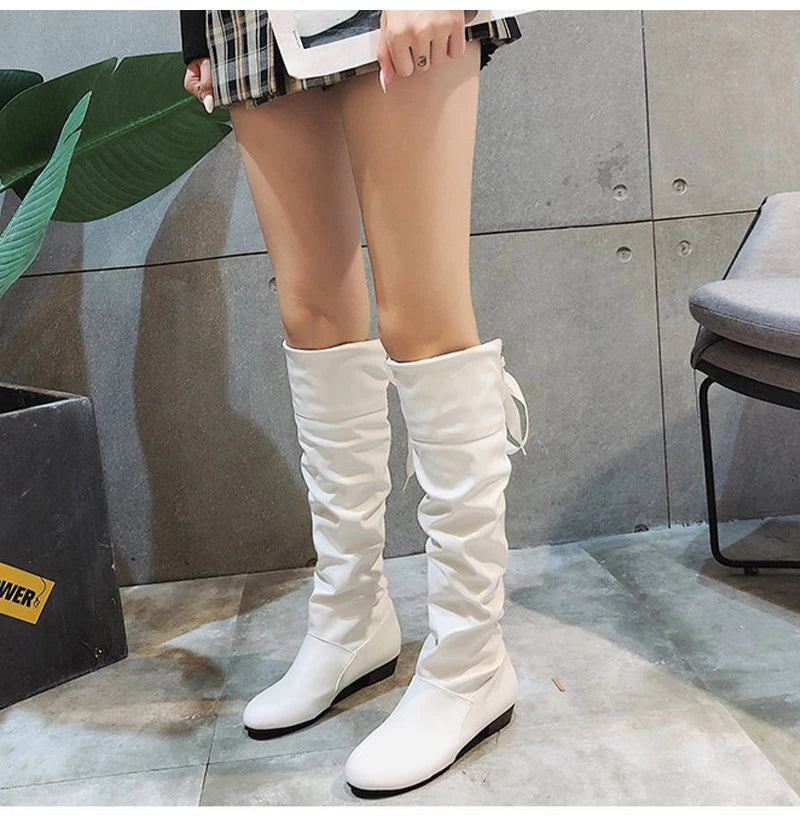 Women Knee-High Boots – Pleated Lace-Up Casual Long Shoes