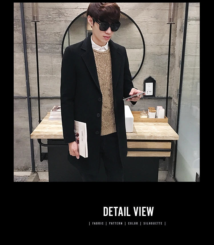 Men’s Woolen Long Coat – Slim Fit Korean Vintage Overcoat