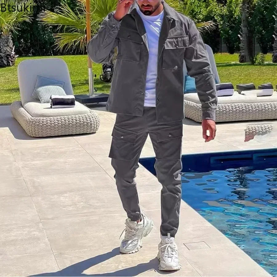 2025 Fashion Men's Casual Sets Male Trend Streetwear Long Sleeve Jacket Coat+Leggings Pants Sport 2 Pieces New Men Clothing Suit