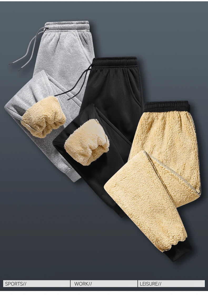 Pants for men in autumn and winter, thickened with fleece for outerwear, casual pants, warm lamb wool sports sweatpants