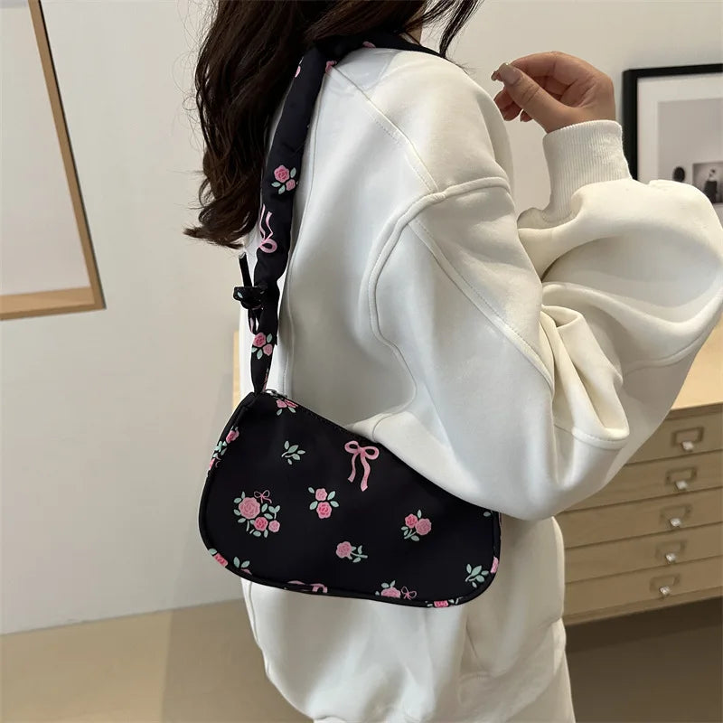 Women's Underarm Bag Summer Canvas Pleated Handlebags Armpit Purse FloralBow Printed Zipper Tote Handbag Female Y2k Shoulder Bag