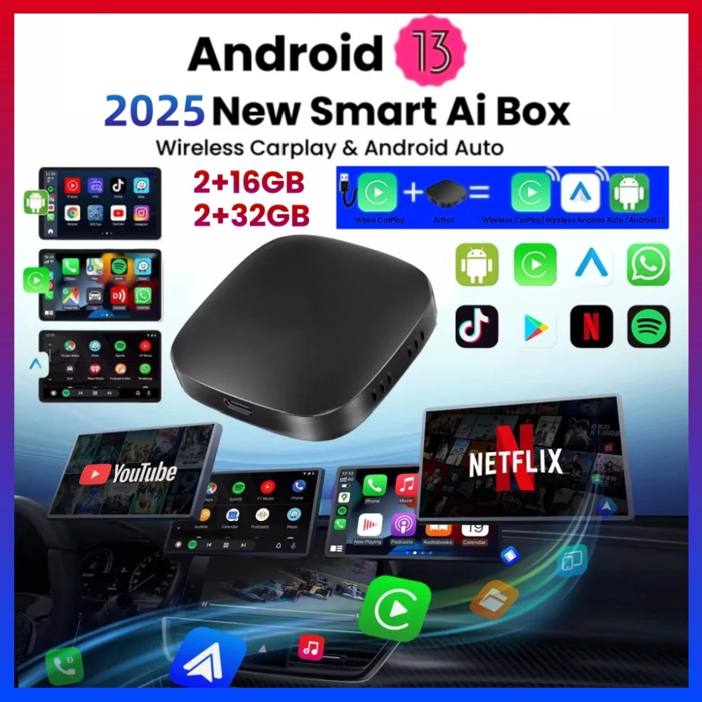 Smart CarPlay AI Box – Android 13 Wireless Auto TV