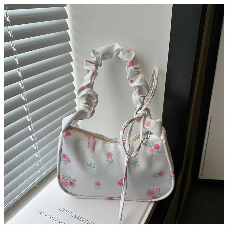 Women's Underarm Bag Summer Canvas Pleated Handlebags Armpit Purse FloralBow Printed Zipper Tote Handbag Female Y2k Shoulder Bag