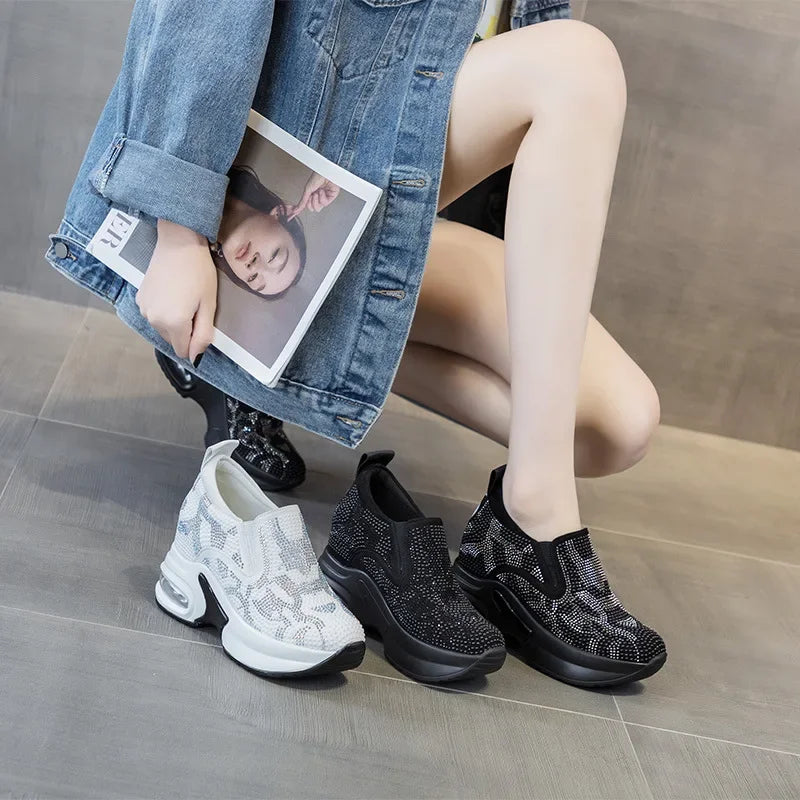 2023Women's Shoes  Autumn New Casual Small White Shoes Rhinestone Platform Sports Air Cushion Shoes Plus Size Zapatos De Mujer