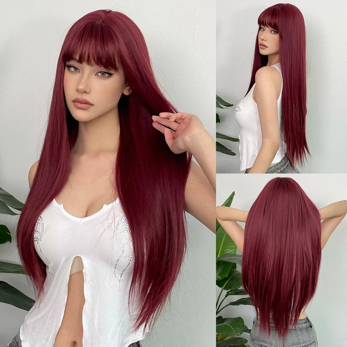 Reddish Brown Straight Layered Synthetic wig with Bangs Long hair Copper Ginger Wig for Women Daily Use Heat Resistant Wigs