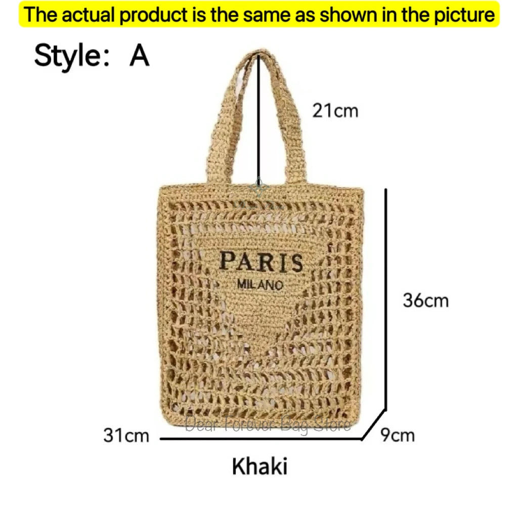 Women's Summer Beach Straw Style Tote Bag Handwoven Large Capacity Luxury Designer Travel Handbags Casual Portable Shoulder Bags