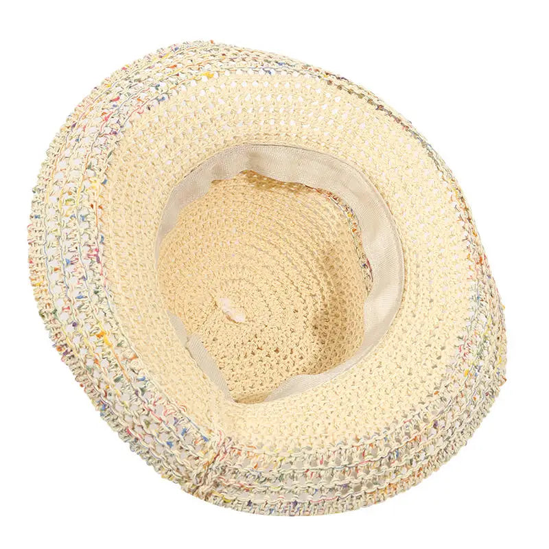 Rainbow woven women's sunscreen hat summer Japanese straw hat  protective fashion, breathable hollow beach sun hat