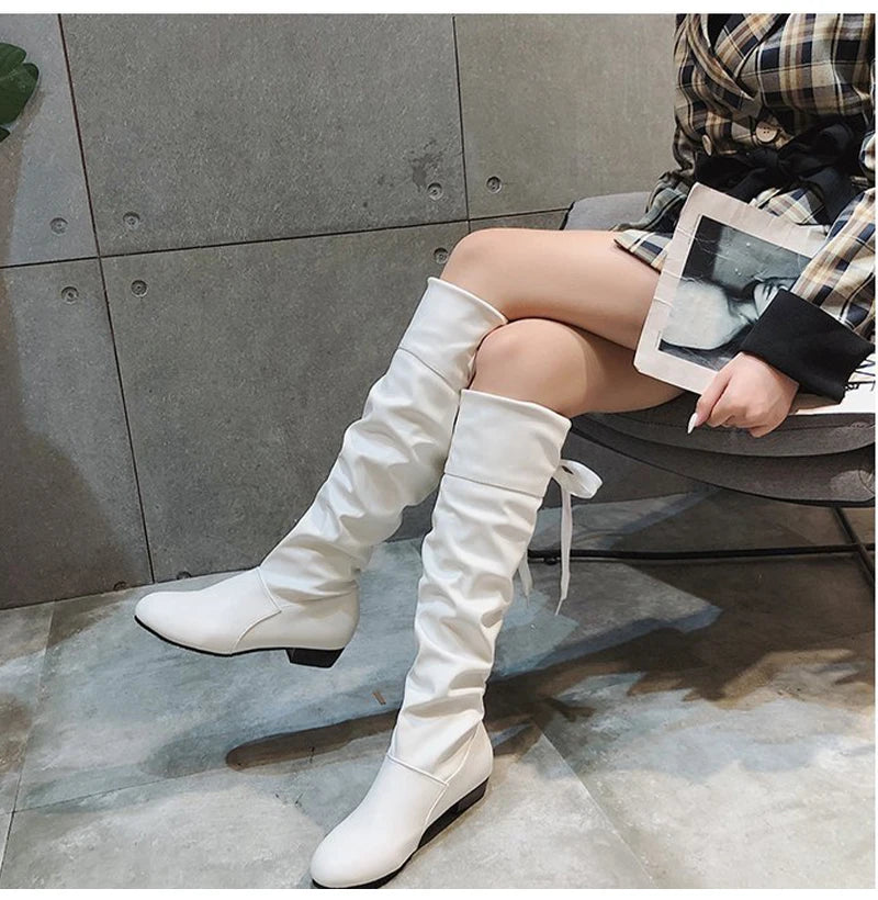 Women Knee-High Boots – Pleated Lace-Up Casual Long Shoes