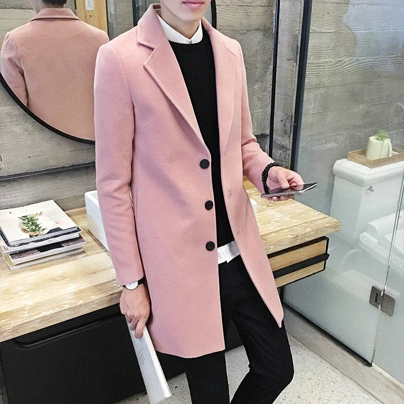 Men’s Woolen Long Coat – Slim Fit Korean Vintage Overcoat