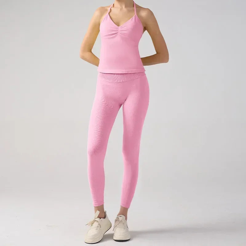 Women’s 2-Piece Fitness Set – Halter Vest & Hip-Lift Pants