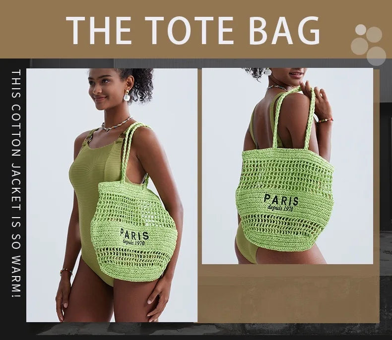 Women's Summer Beach Straw Style Tote Bag Handwoven Large Capacity Luxury Designer Travel Handbags Casual Portable Shoulder Bags