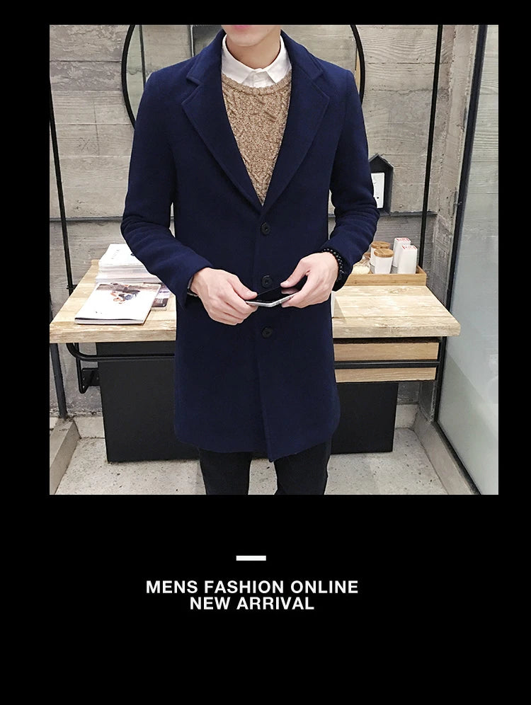 Men’s Woolen Long Coat – Slim Fit Korean Vintage Overcoat