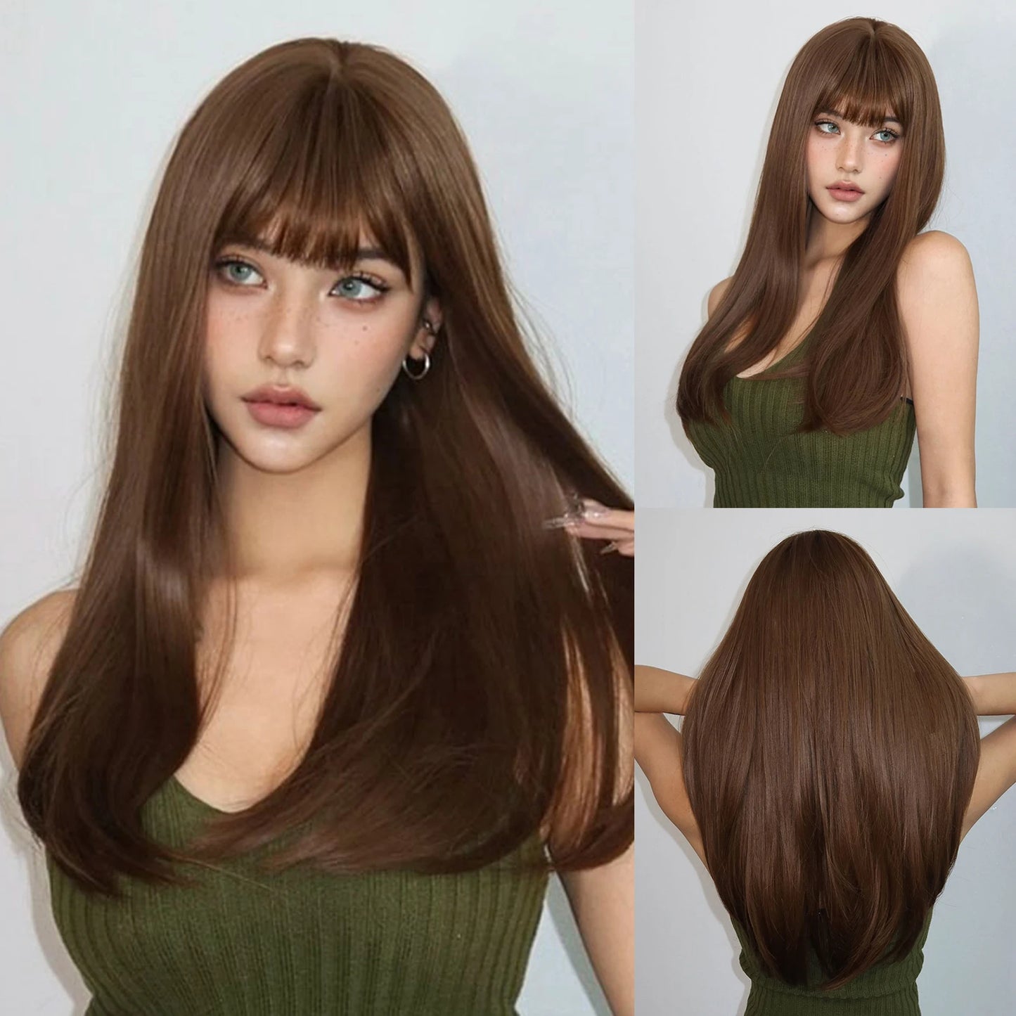 Reddish Brown Straight Layered Synthetic wig with Bangs Long hair Copper Ginger Wig for Women Daily Use Heat Resistant Wigs