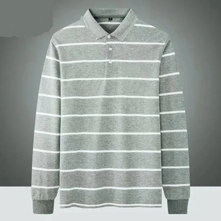 Men’s Striped Polo Shirt – Long Sleeve Cotton Casual