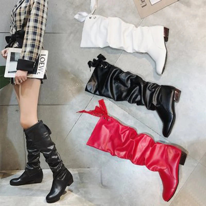Women Knee-High Boots – Pleated Lace-Up Casual Long Shoes