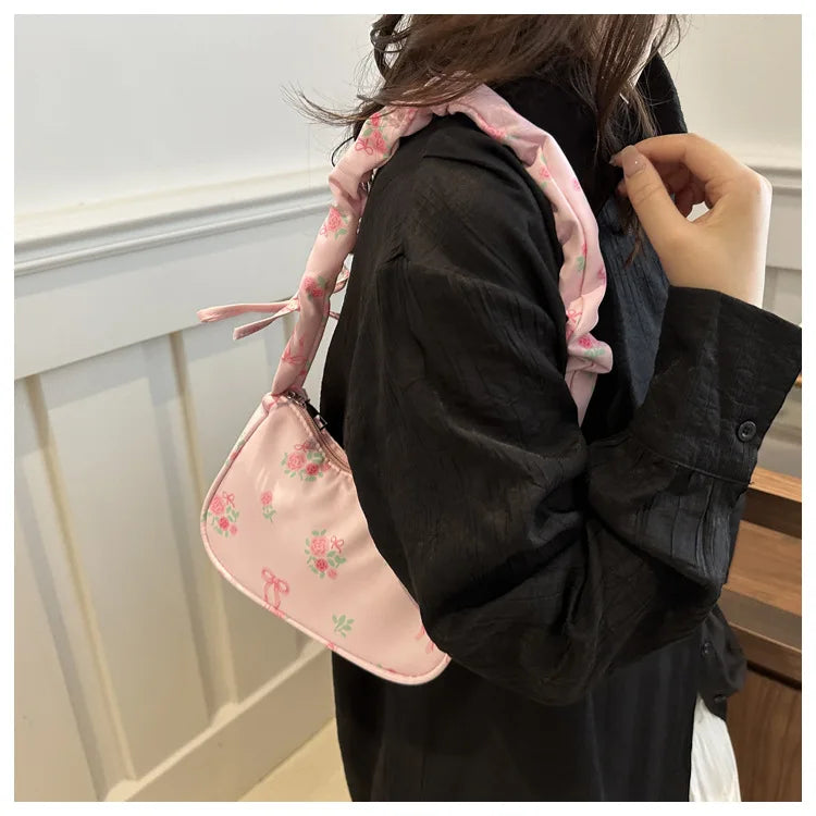 Women's Underarm Bag Summer Canvas Pleated Handlebags Armpit Purse FloralBow Printed Zipper Tote Handbag Female Y2k Shoulder Bag