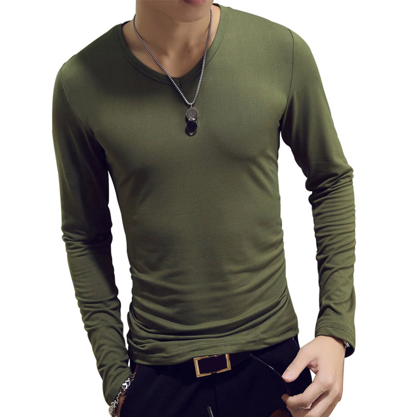 Men’s Slim Fit V-Neck Long Sleeve T-Shirt – Casual Solid Tee