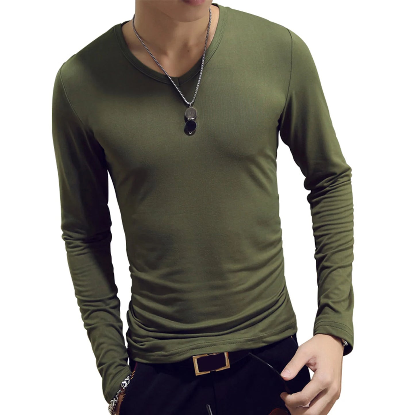 Men’s Slim Fit V-Neck Long Sleeve T-Shirt – Casual Solid Tee