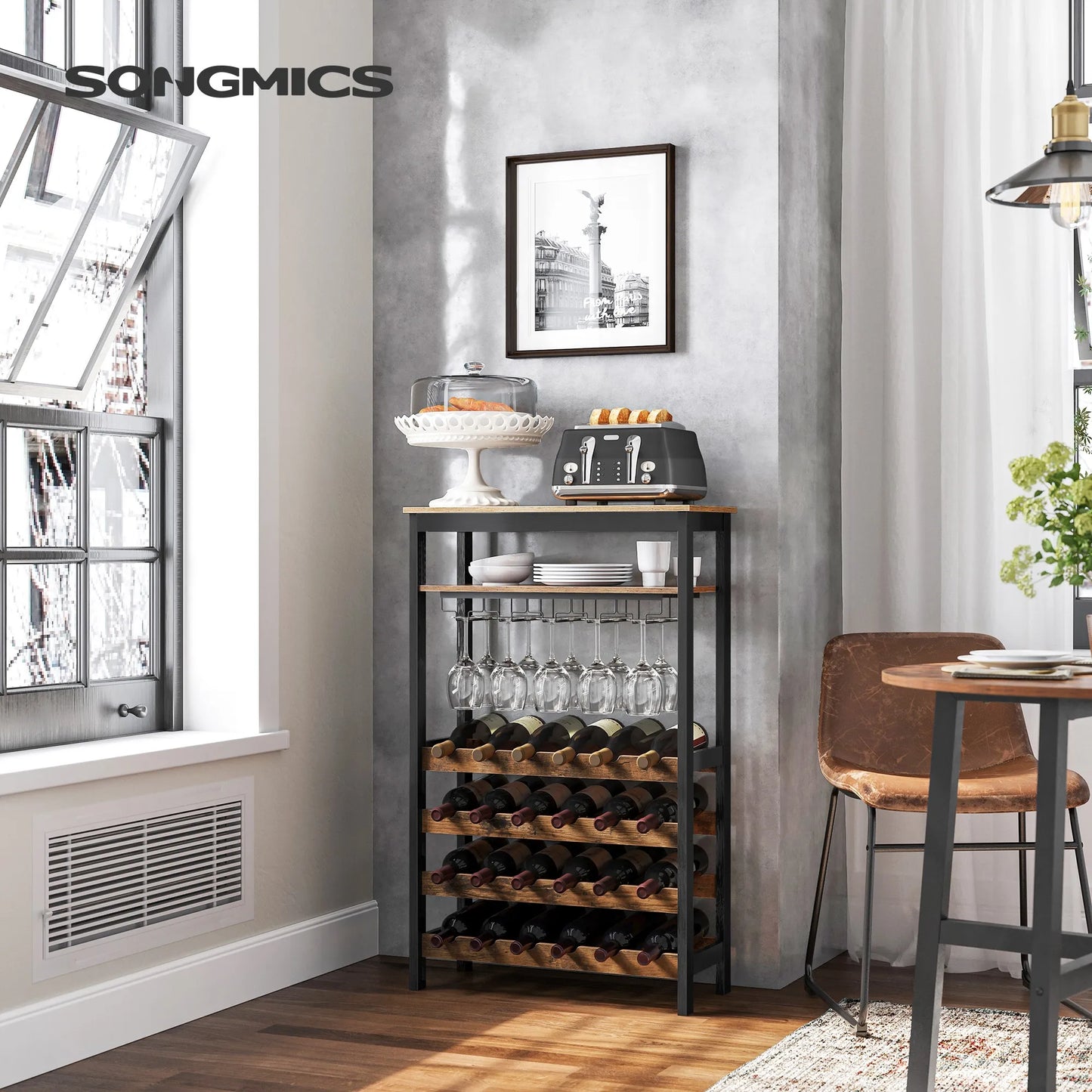 SONGMICS 24-Bottle Free Standing Wine Rack with Glass Holder, Wobble-Free, Kitchen Bar Dining Room,Display Storage Shelf