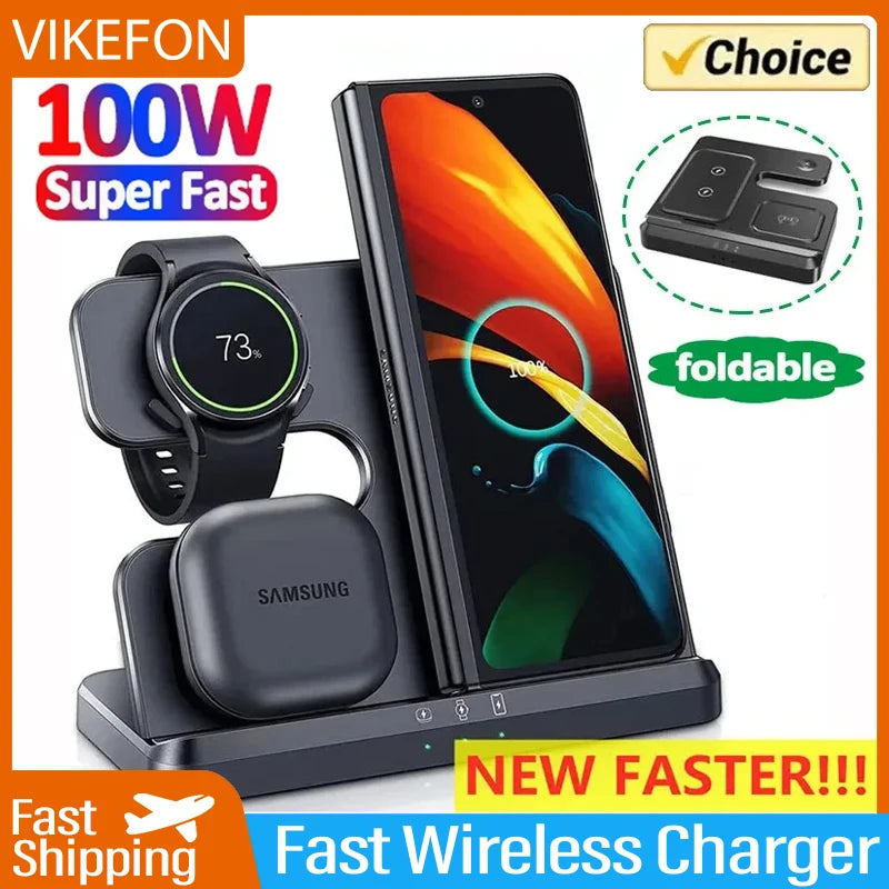 VIKEFON 100W 3 in 1 Wireless Charger Stand For Samsung Fold S22 Untra Galaxy Watch 5 4 3 Active Buds Fast Charging Dock Station