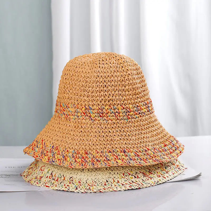 Rainbow woven women's sunscreen hat summer Japanese straw hat  protective fashion, breathable hollow beach sun hat