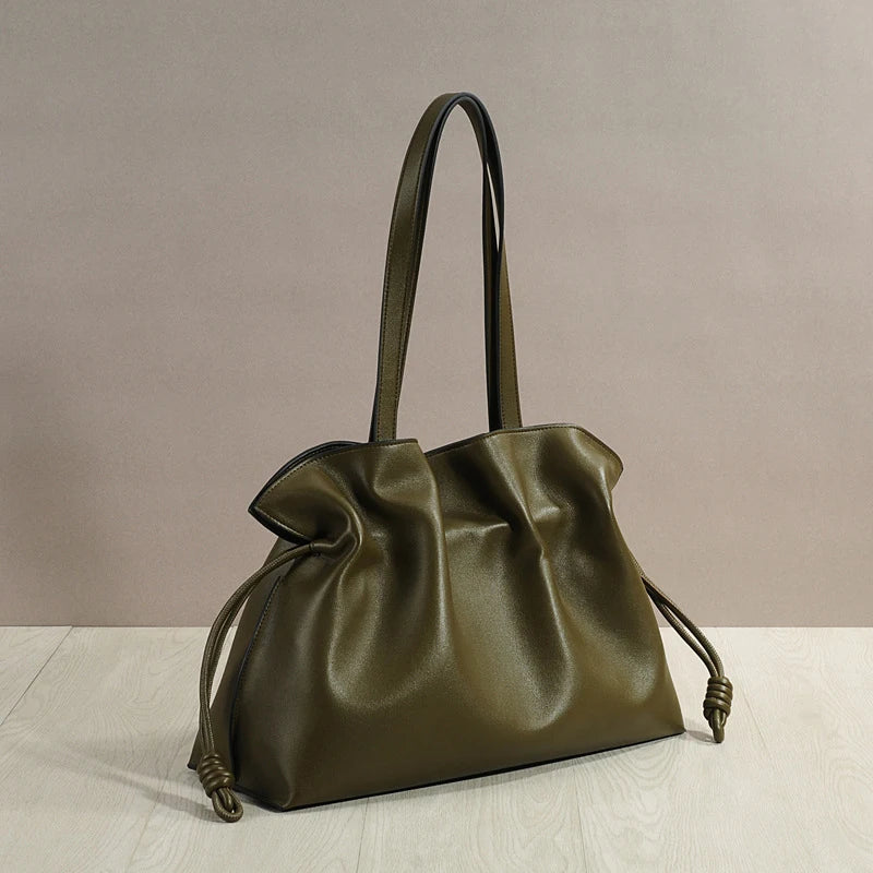 Women’s Cowhide Leather Lucky Bag – Pleated Drawstring Tote