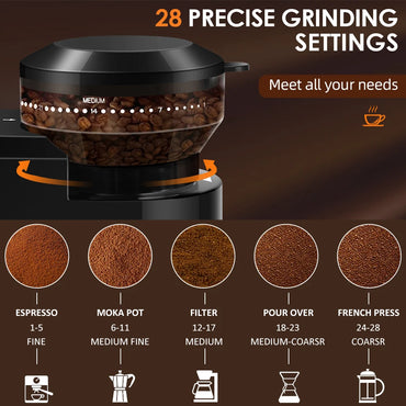 Electric Burr Coffee Grinder – 28 Settings, 2–12 Cups