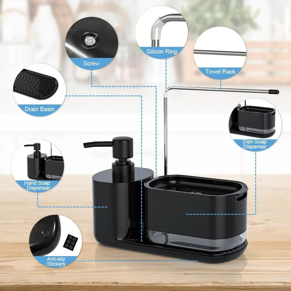 4-in-1 Kitchen Soap Dispenser with Sponge & Rag Rack