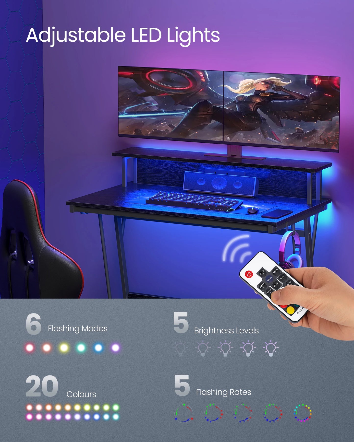 VASAGLE Gaming Desk with LED Lights and Built-In Power Outlets, Computer Desk with Monitor Shelf, Gaming Table, 100x61x91cm