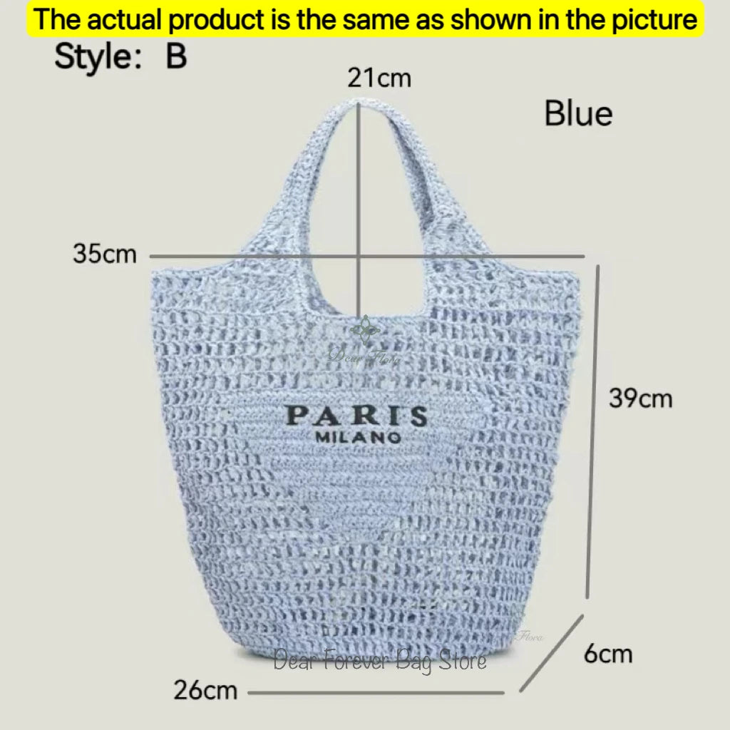 Women's Summer Beach Straw Style Tote Bag Handwoven Large Capacity Luxury Designer Travel Handbags Casual Portable Shoulder Bags